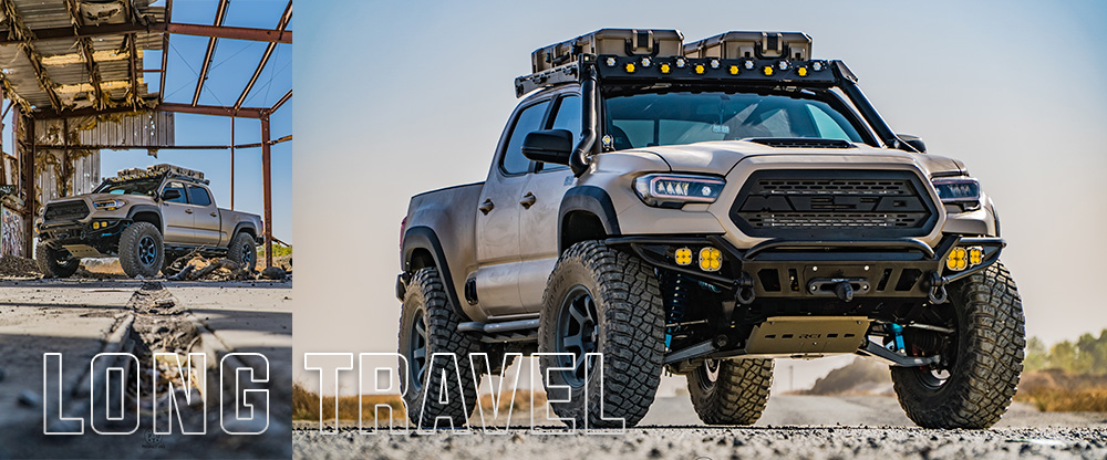Gen 3 Toyota Tacoma featuring Total Chaos +3.5 inch long travel suspension kit with extended arms and aggressive off-road stance
