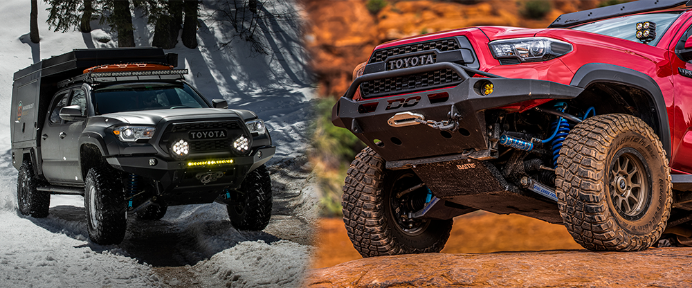 Gen 3 Toyota Tacoma showcasing mid-travel and long travel lift kit options from Total Chaos Fabricatio